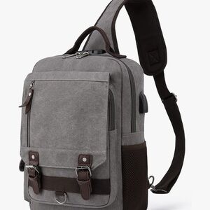 Gray and Brown Canvas Backpack with Leather Accents